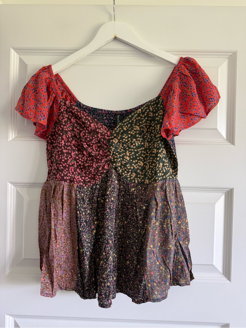 Sacred Threads Boho Hippie Patchwork Babydoll Smocked Top NWT